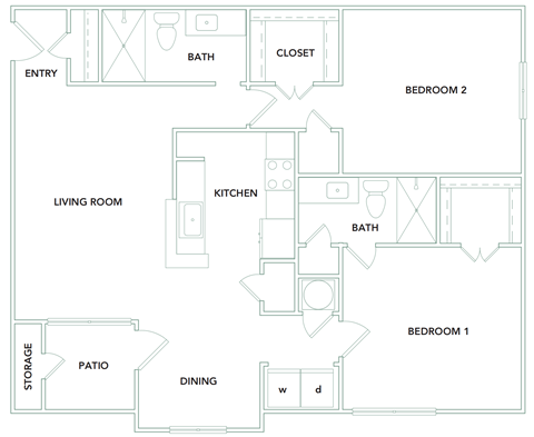 2 bedroom 2 bathroom 1143 sq ft Floorplan at The Aster Sugar Land Apartments, Sugar Land, Texas